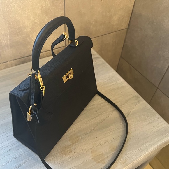 Kally Black Leather Satchel with Gold Accents - Picture 2 of 3